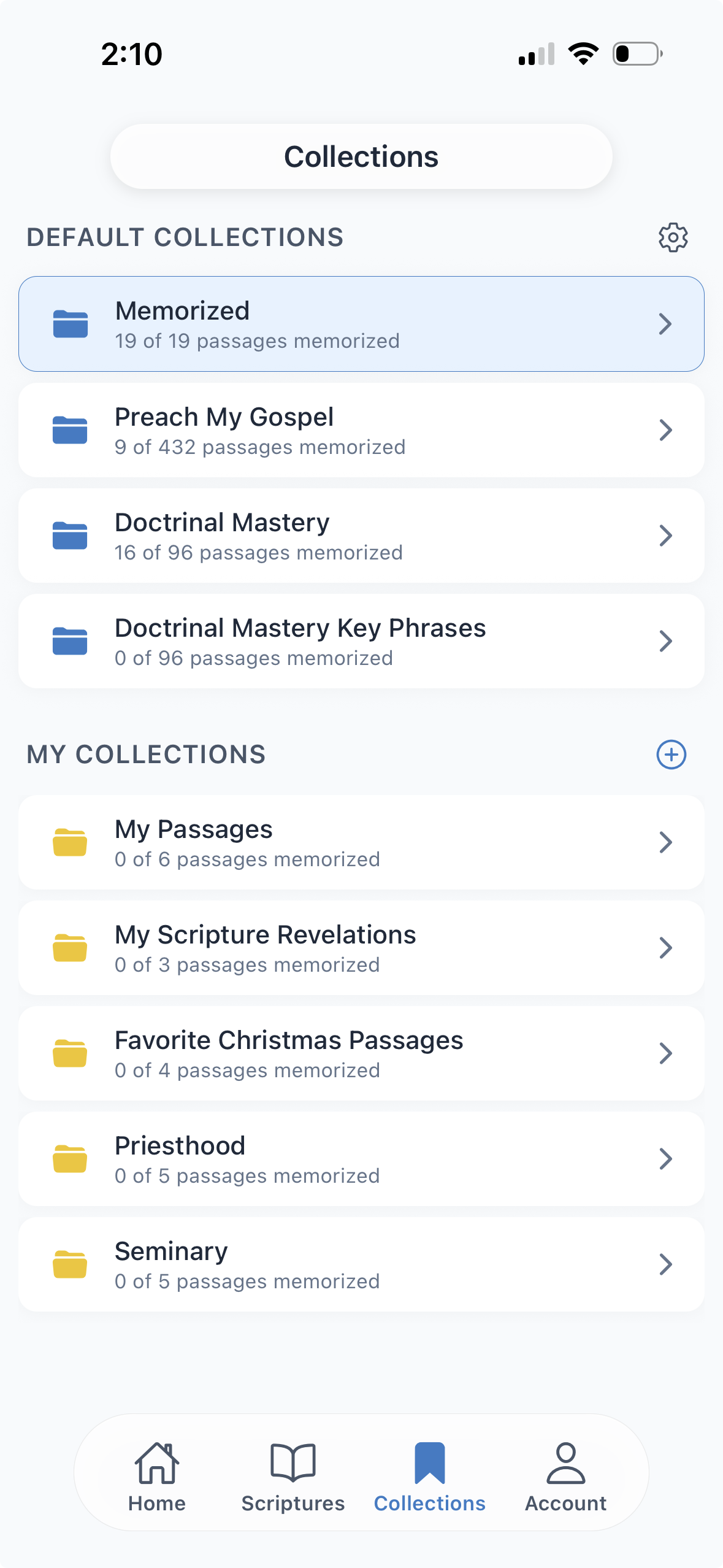 Scriptorian collections screen showing organized scripture passage groups with memorization progress