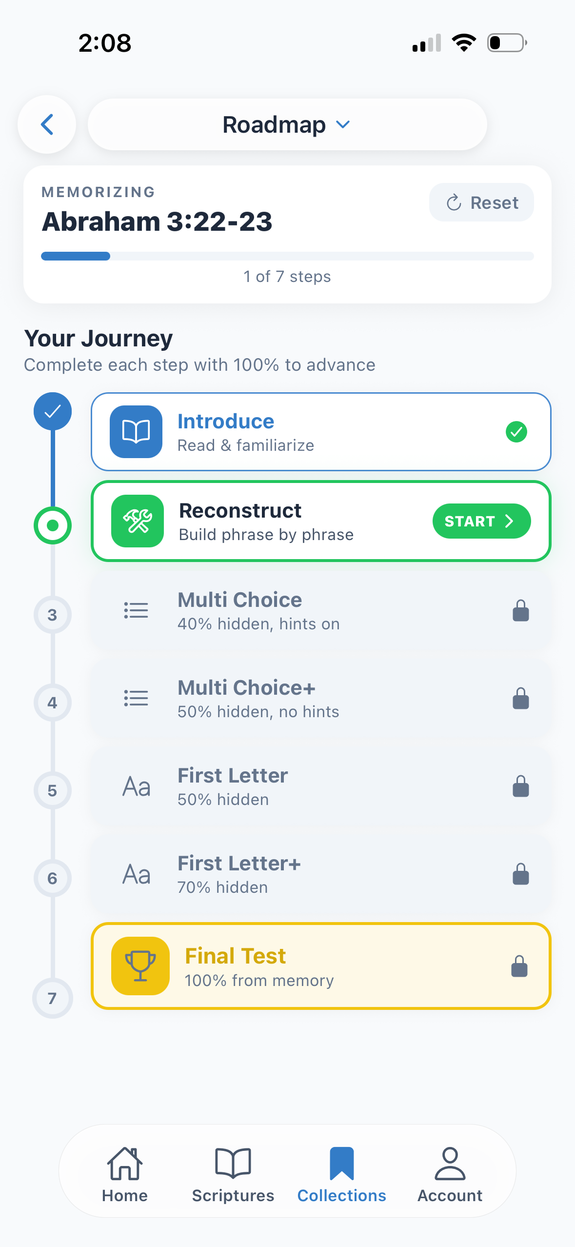 Scriptorian Roadmap showing step-by-step memorization journey from introduction to final test