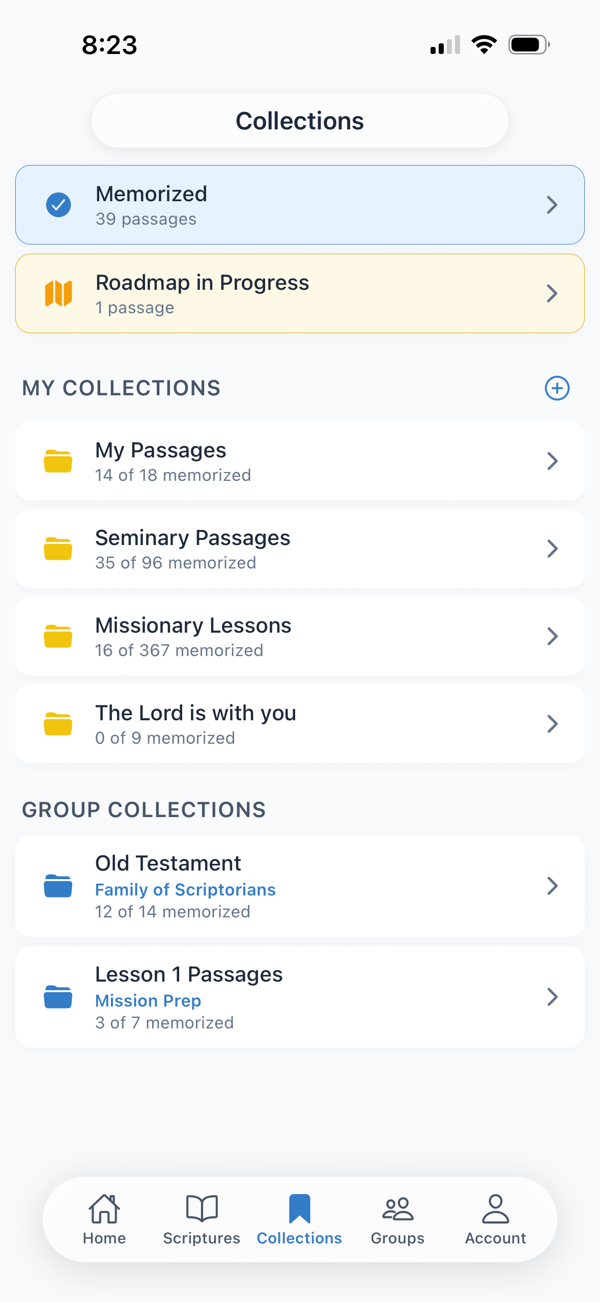 Collections screen showing organized scripture passage groups