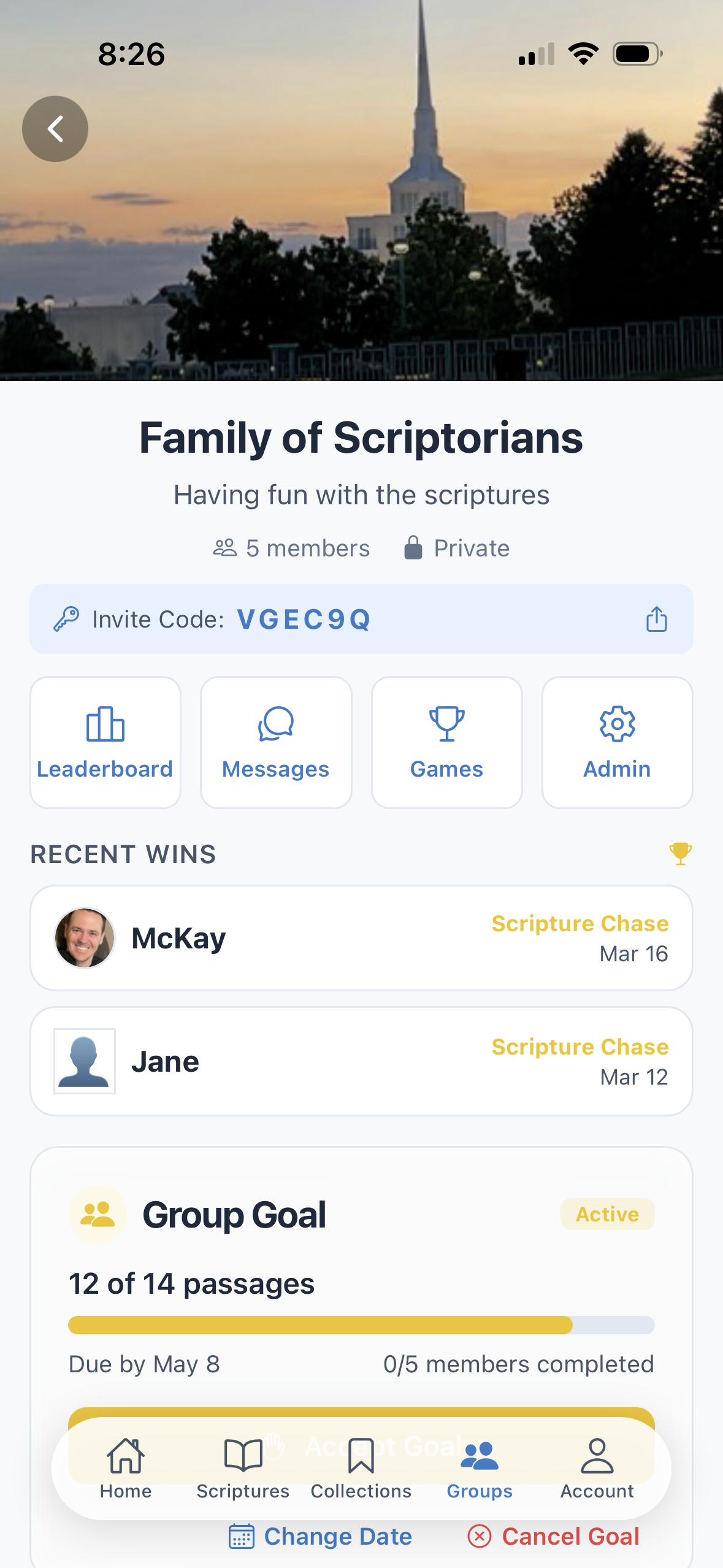 Group home screen with leaderboard, recent wins, and group goals