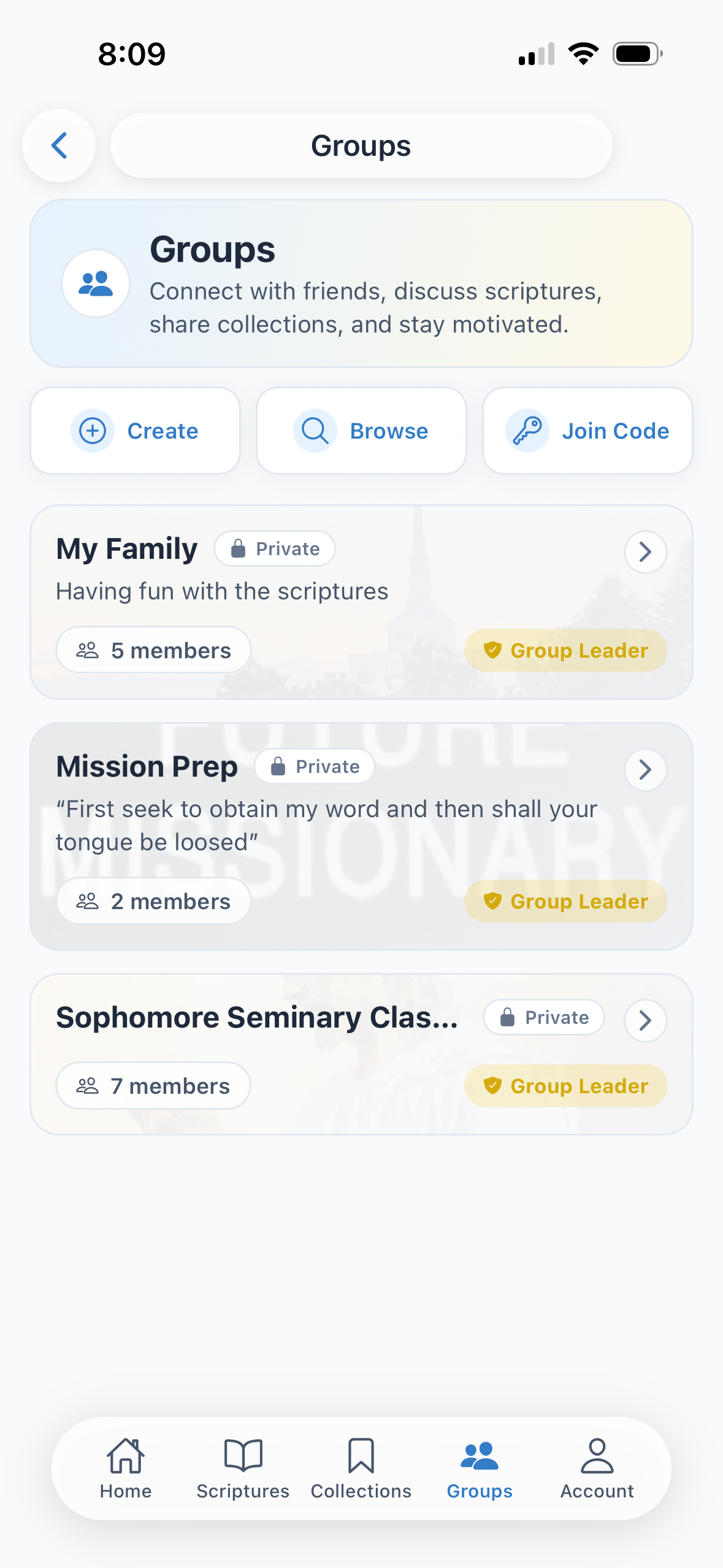 Groups list showing family, mission prep, and seminary groups