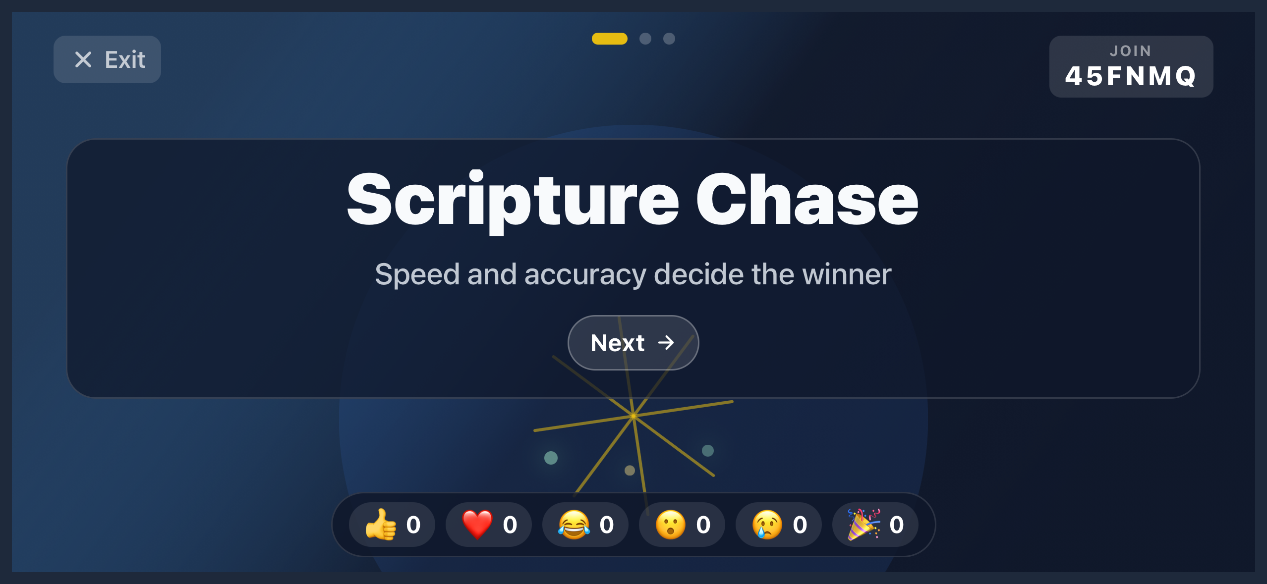 Scripture Chase game lobby with join code and reactions
