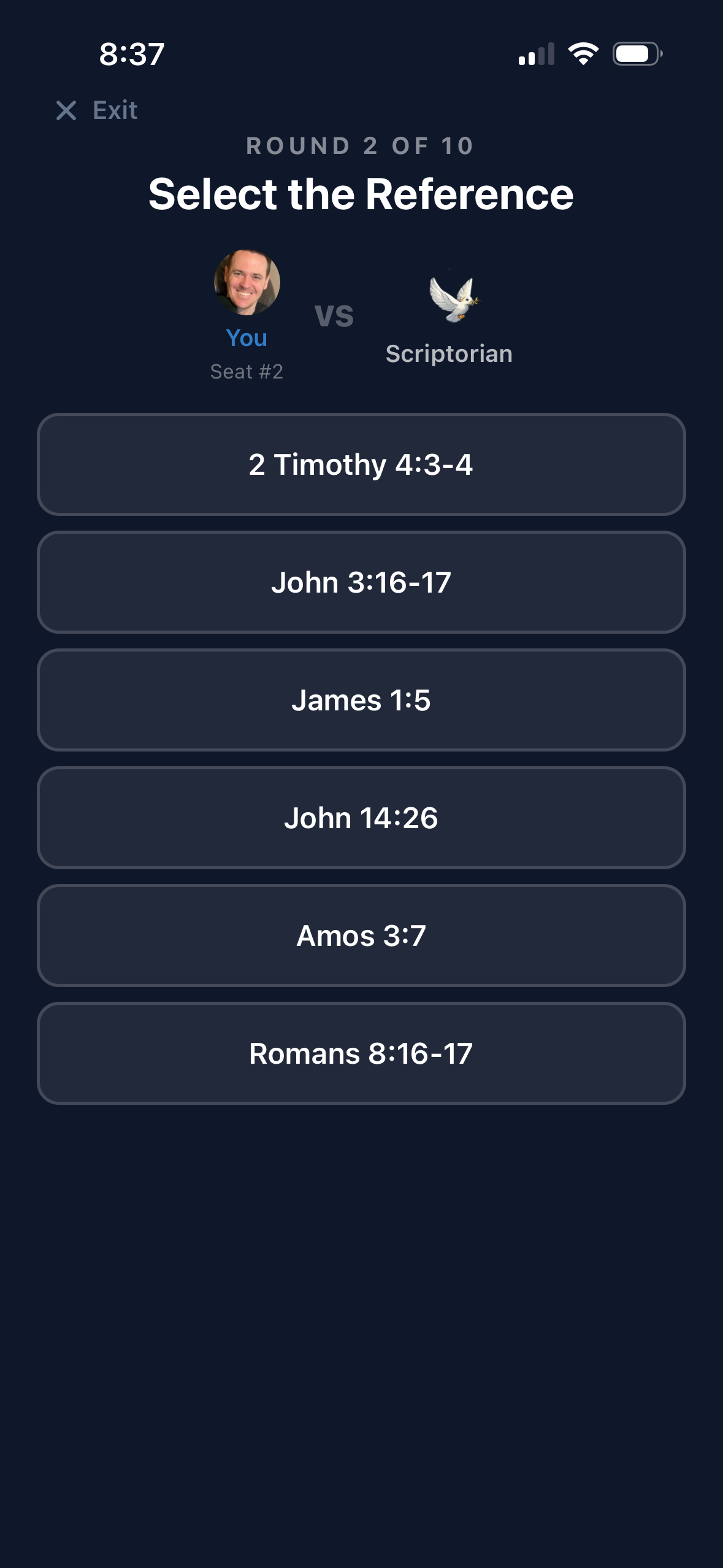 Top Dawg game showing head-to-head scripture reference challenge